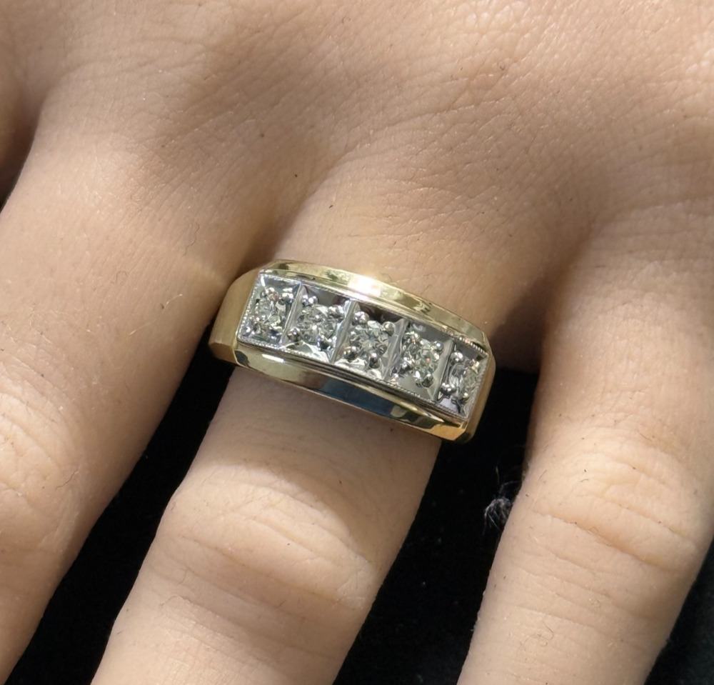 14k Y Solid Gold Mens Diamonds Ring Natural Diamond 1/2TW Ring 5 Stone Sze 10.5